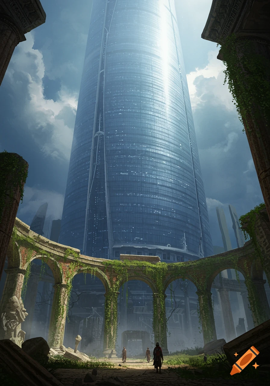 A towering, futuristic glass skyscraper looms over ancient, overgrown ruins with small figures walking below on a misty path.