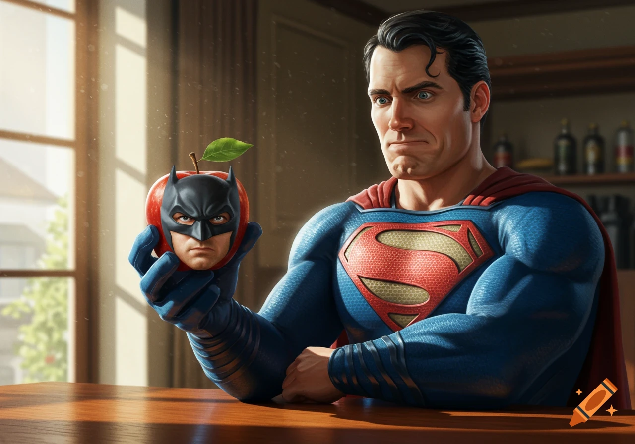 Superman holds a red apple with Batman's face, looking conflicted, in a detailed illustration.