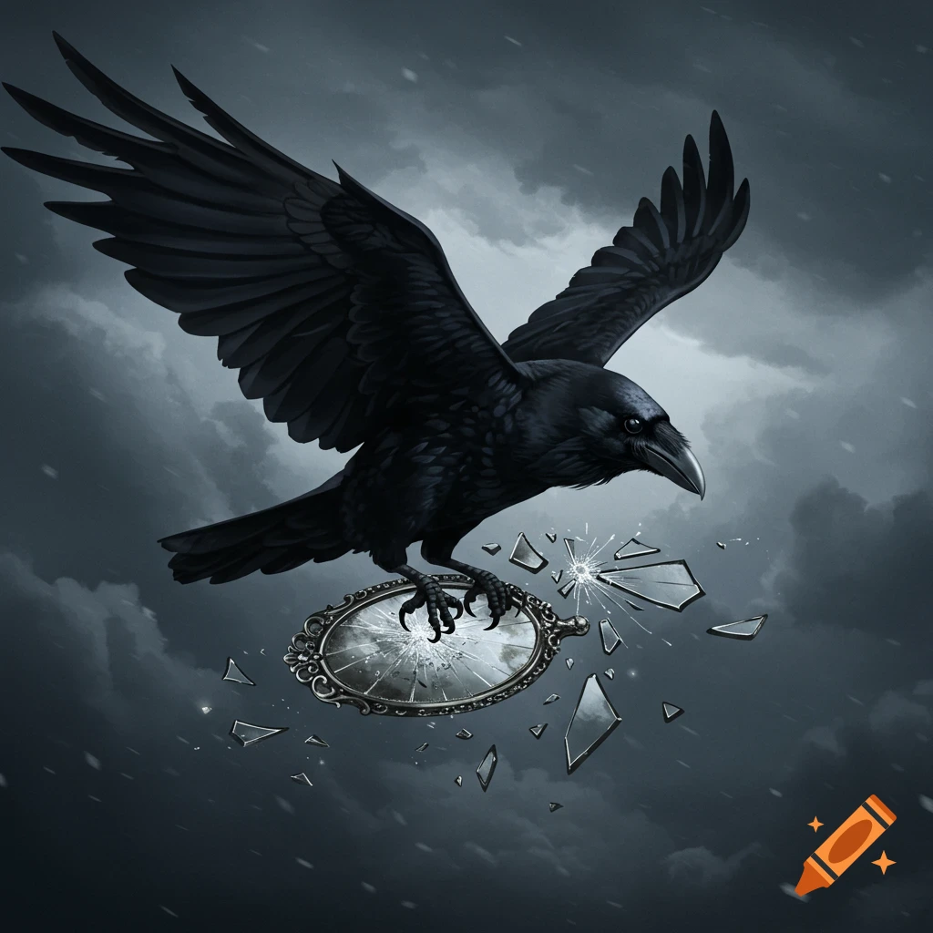 A large black raven flies through a dark, cloudy sky, clutching a broken antique hand mirror in its talons.