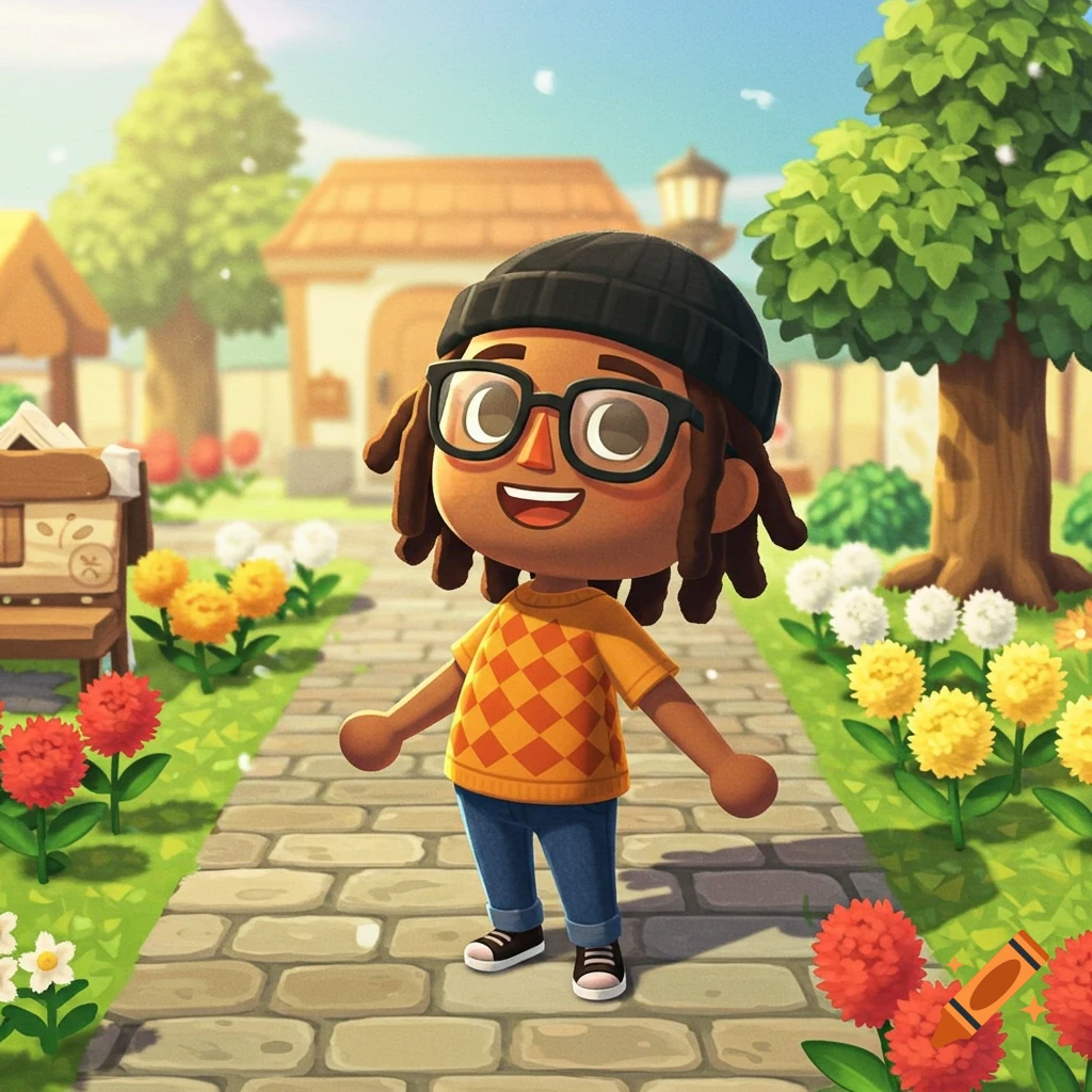 A happy Animal Crossing villager with dreadlocks, black beanie, and glasses, in an orange checkered shirt, stands on a sunny path with flowers.