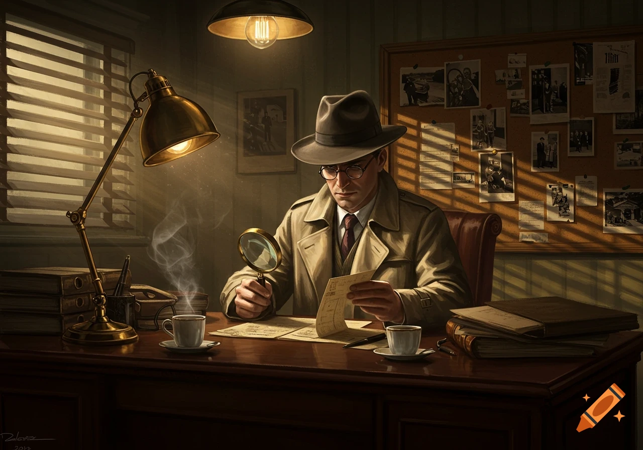 An illustrated scene of a detective in a fedora and trench coat, sitting at a desk and examining a document with a magnifying glass. Papers and photos are pinned to a bulletin board in the background, dimly lit by a desk lamp.
