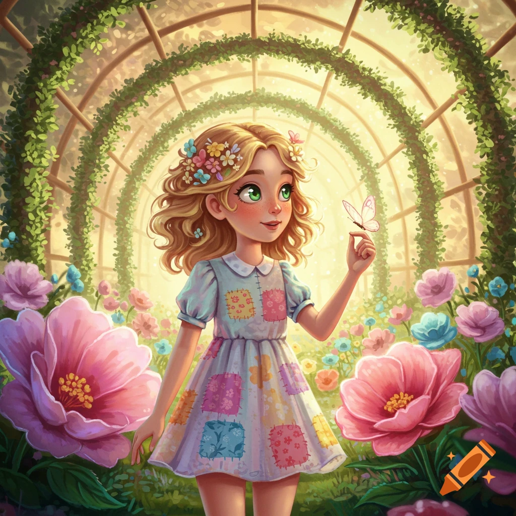 A cute cartoon girl with blonde hair and a patched dress stands in a vibrant flower garden, holding a butterfly on her finger.