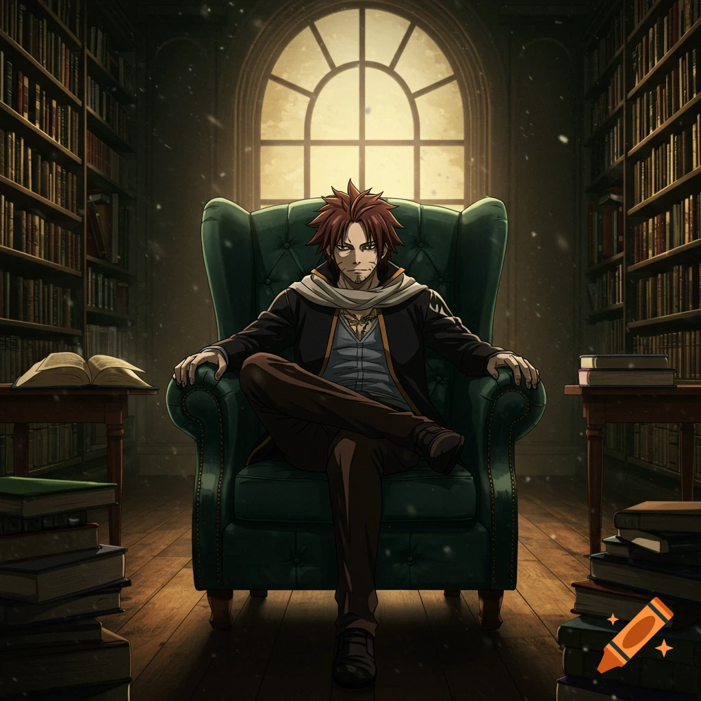 An anime character with red spiky hair and a scar sits in a green armchair in a dark library with bookshelves and a large window.