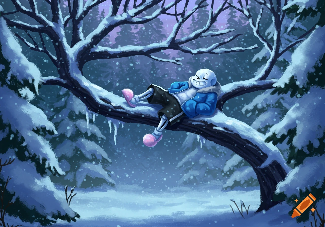 A cartoon skeleton, Sans, in a blue jacket and pink slippers, sleeps peacefully on a snow-covered tree branch in a winter forest.