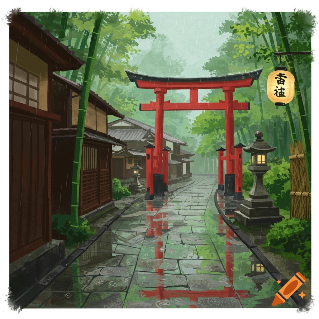 Rainy Japanese street with traditional buildings, bamboo, and a red torii gate, painted illustration.