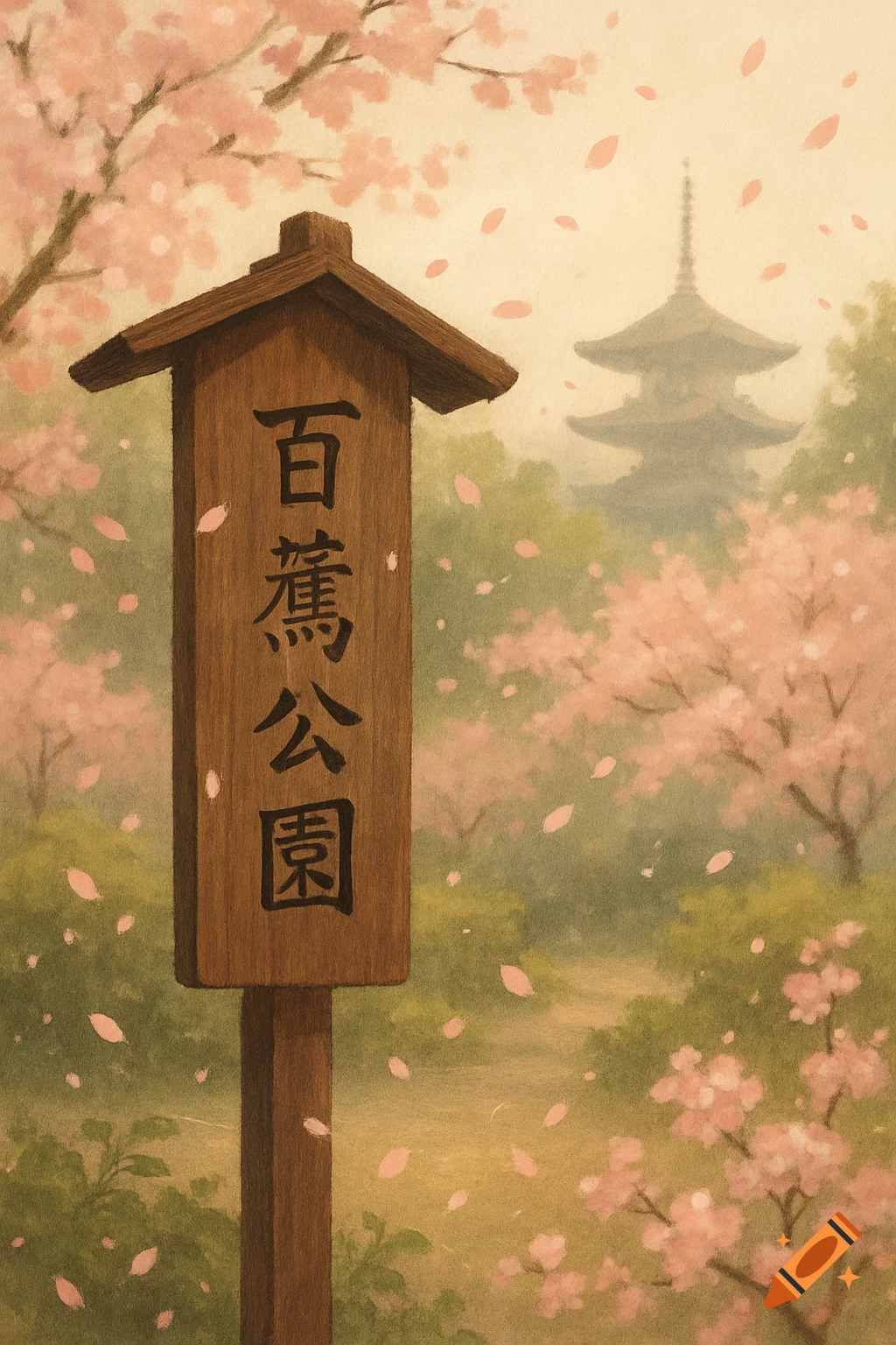 A painterly image of a wooden sign with Japanese text in a cherry blossom park, with a pagoda in the misty background.