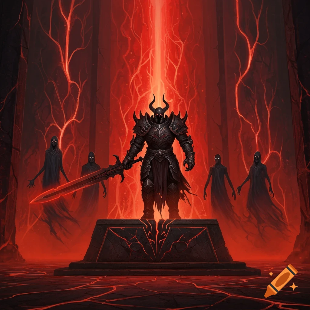 Horned, black armored warrior with glowing red sword on an altar, flanked by shadowy wraiths, in a dark, red-lit fantasy chamber.