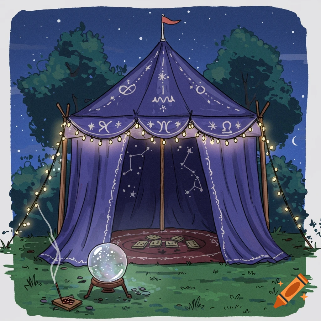 A whimsical drawing of a blue fortune teller tent adorned with string lights and zodiac symbols under a starry night sky. A crystal ball and incense burn in front.