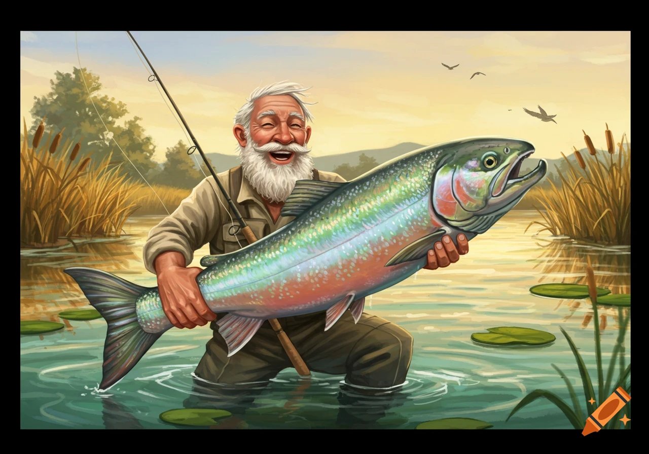 Smiling old man with a white beard standing in water, happily holding a giant rainbow trout in an illustrated scene.