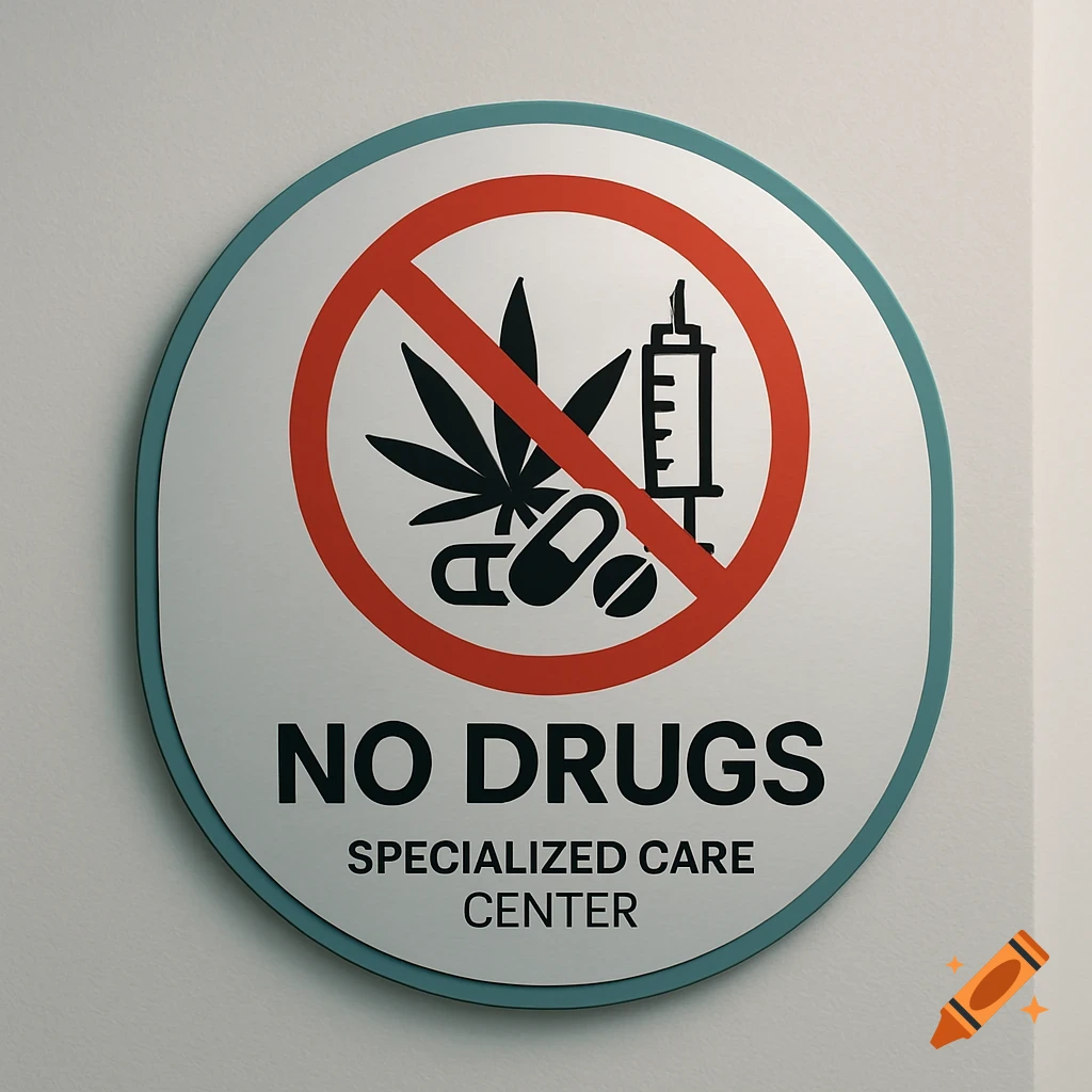 A circular 'No Drugs' sign with symbols for marijuana, pills, and a syringe, against a white wall.