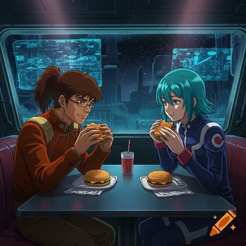 Two anime characters eat burgers at a table in a futuristic diner with a view of a city in space.