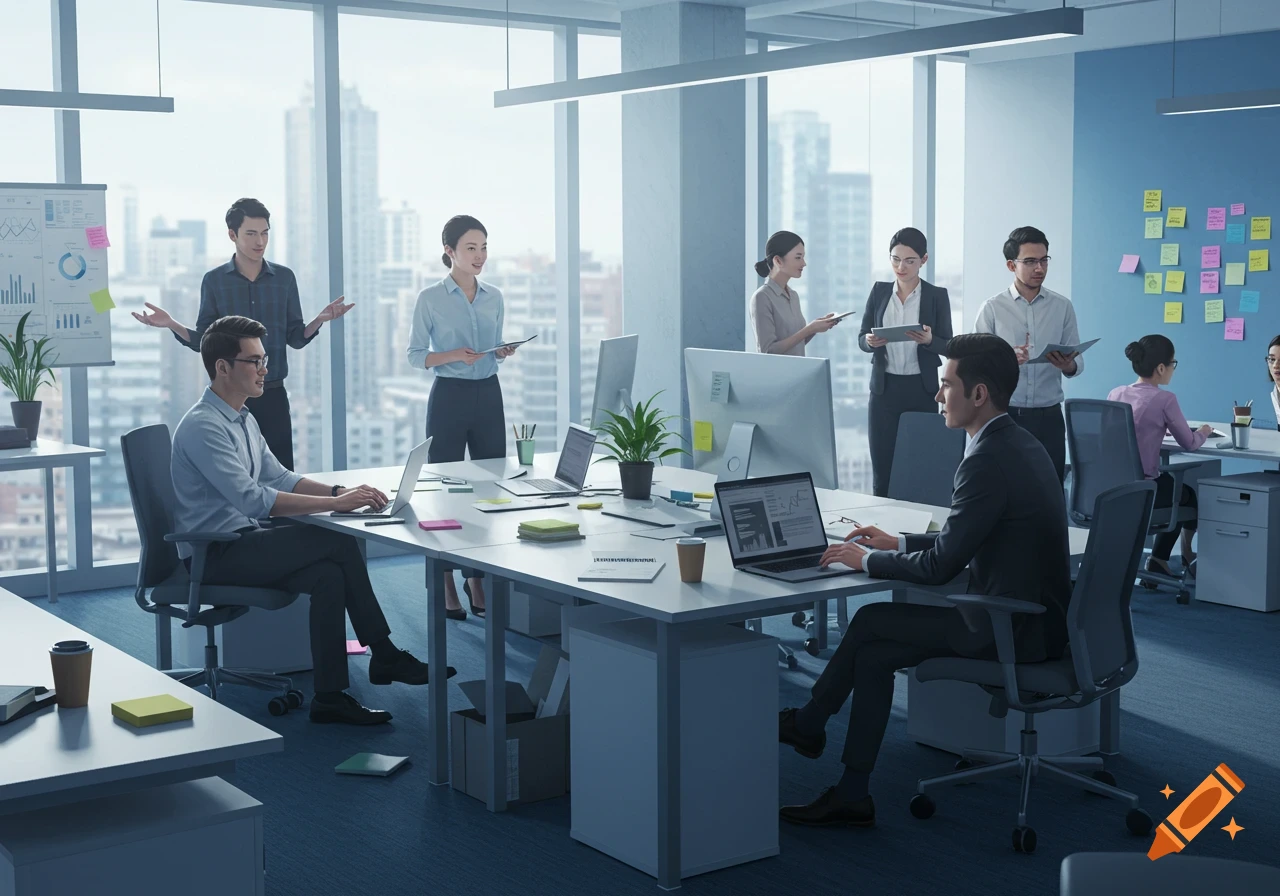 Diverse group of people working in a modern, brightly lit open-plan office with city views, using laptops and discussing.