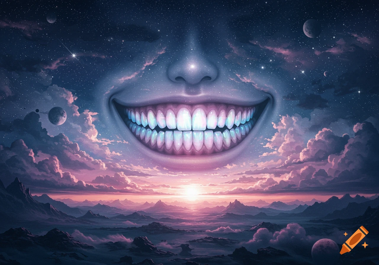 A surreal giant smiling mouth and nose integrated into a starry cosmic sky with pink clouds, planets, and a sunset over mountains.