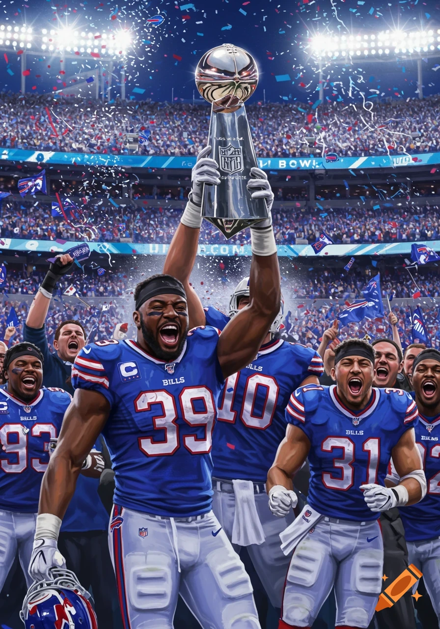Football players in blue Bills jerseys celebrate winning the Super Bowl, holding up the trophy with confetti falling.