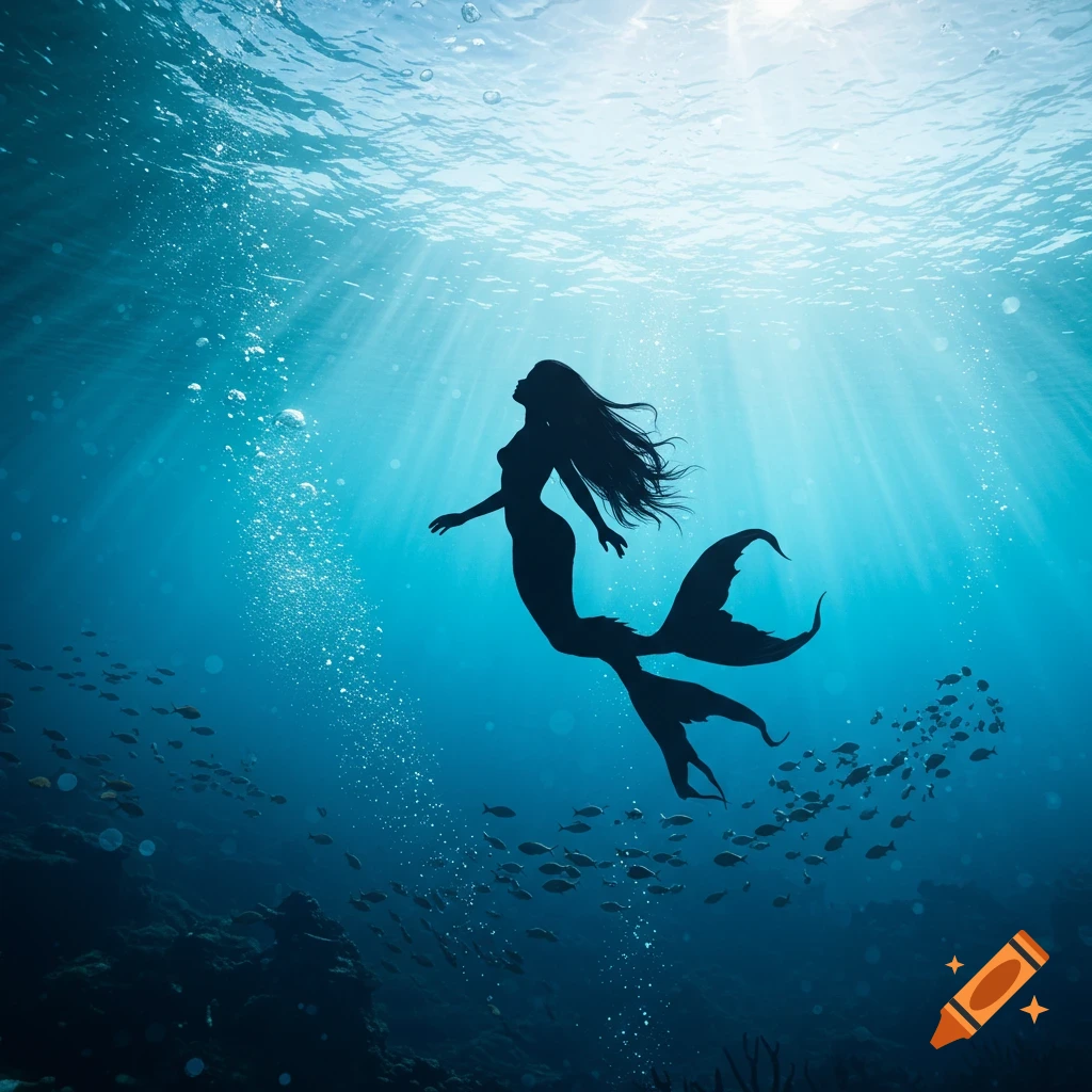 A dark silhouette of a mermaid with long hair swimming upwards, illuminated by sun rays filtering through bright blue water, surrounded by small fish.
