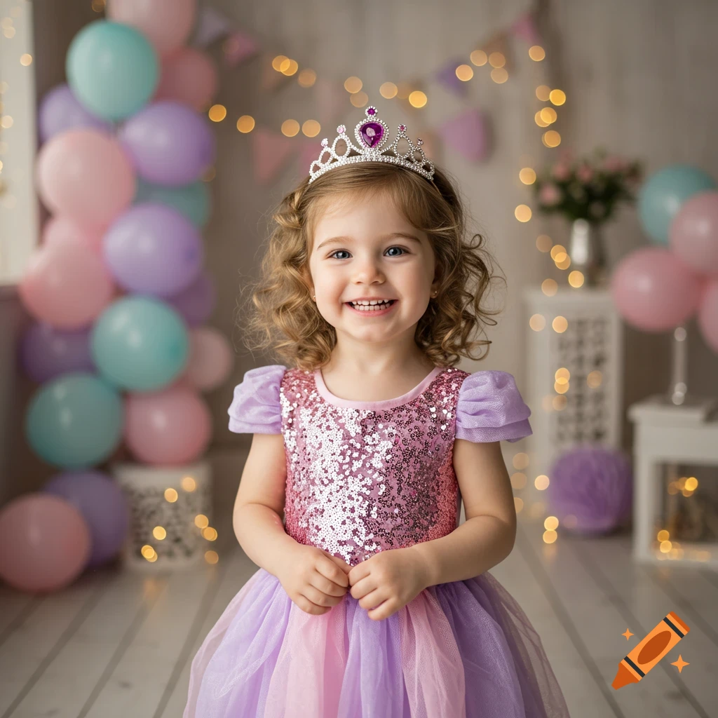 A happy little girl in a sparkly pink and purple princess dress and tiara smiles in a room with balloons and fairy lights.