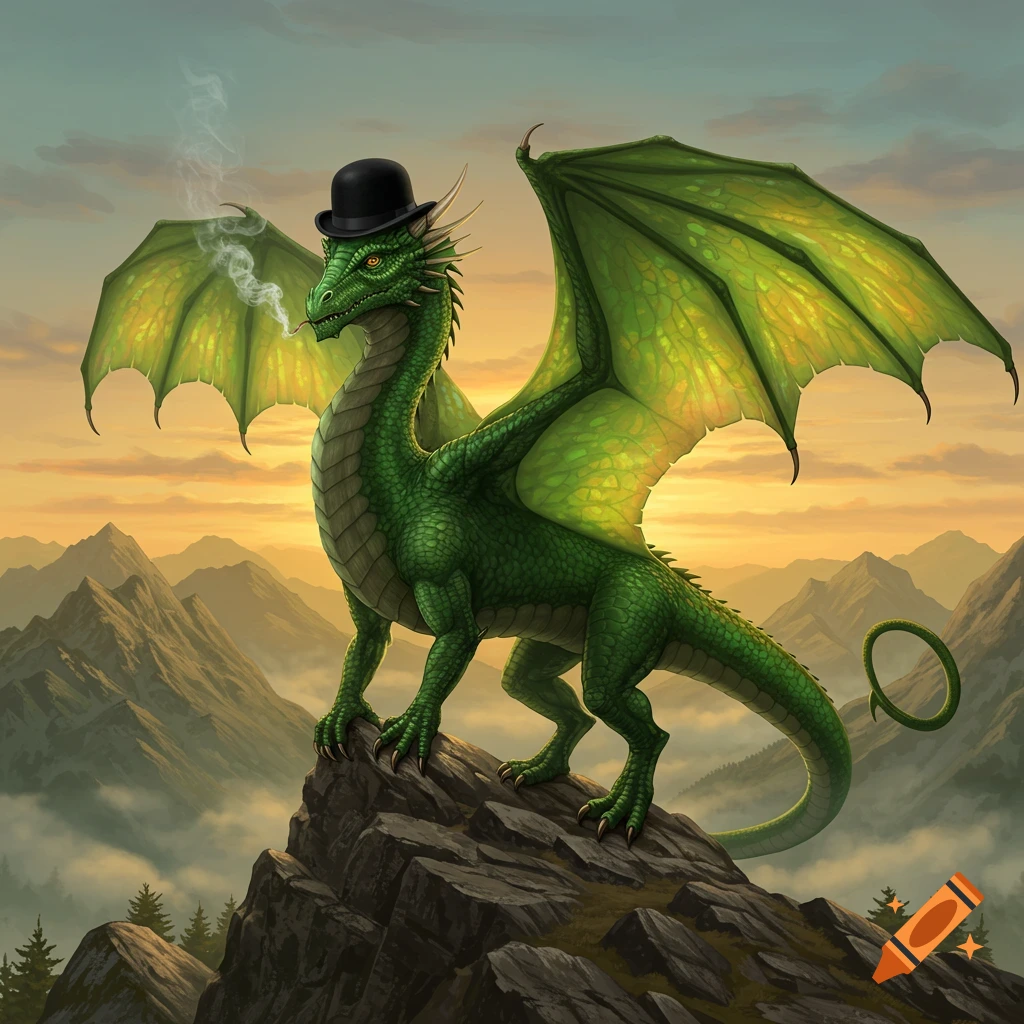 A green dragon wearing a black bowler hat and smoking a pipe stands on a rocky mountain peak at sunset, with misty mountains in the background.