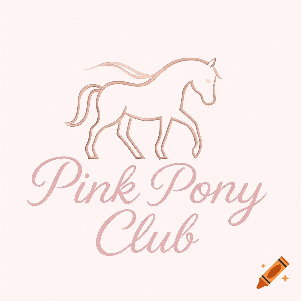 Pink outline logo of a walking horse above the words 'Pink Pony Club' in a script font on a pale pink background.