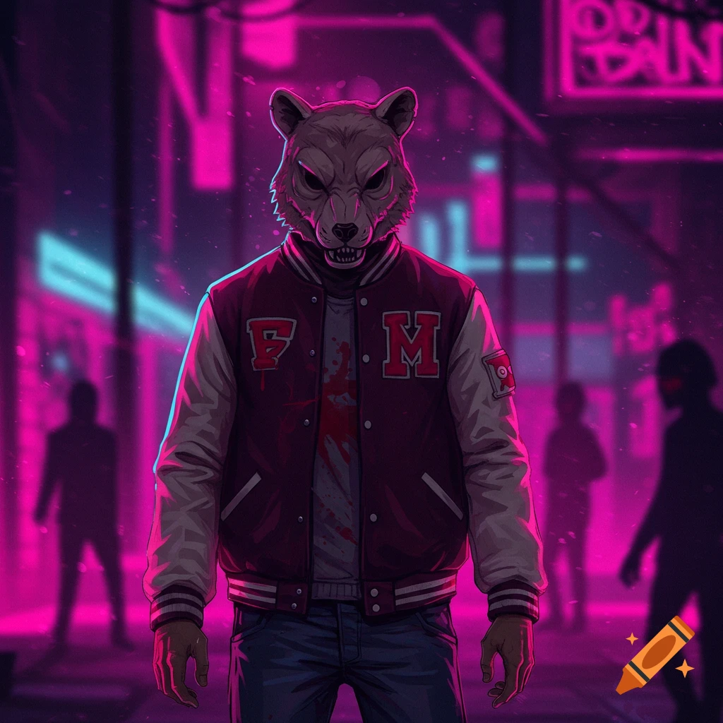A person in a wolf mask and blood-stained varsity jacket stands in a neon-lit, rainy city street, styled like Hotline Miami.