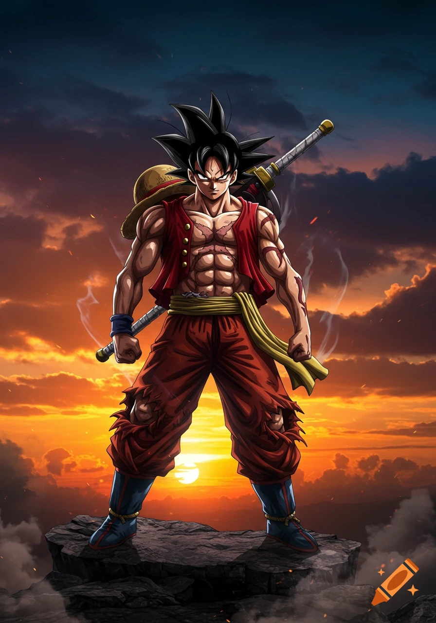Muscular anime character, a Goku-Luffy fusion, stands on a rock at sunset in a dynamic pose.
