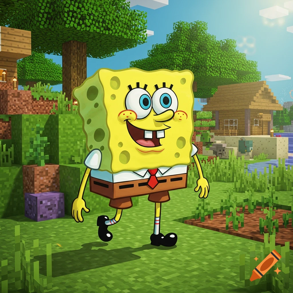 SpongeBob SquarePants smiling and walking through a blocky Minecraft landscape with green grass, trees, and a wooden house.