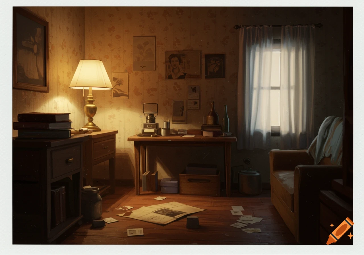 A dimly lit vintage room with a desk, books, a lamp, an armchair, and scattered papers on a wooden floor.