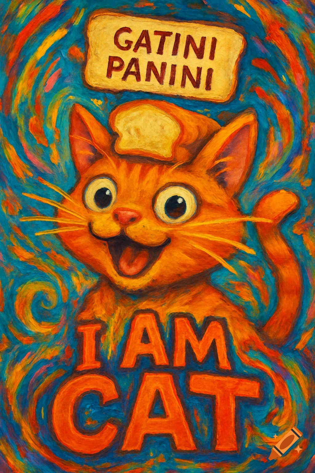 A vibrant, cartoonish orange cat with large eyes and an open mouth, wearing a slice of bread as a hat. Text reads 'GATINI PANINI' and 'I AM CAT' in a swirling, painterly style.