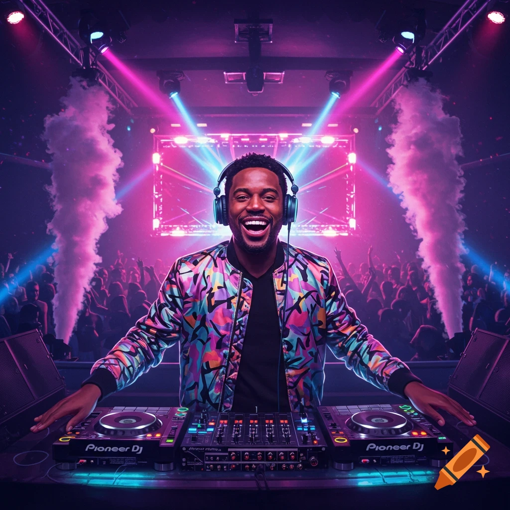 A smiling DJ in a colorful jacket wearing headphones, mixing music on Pioneer DJ equipment at a lively concert with neon lights and smoke.