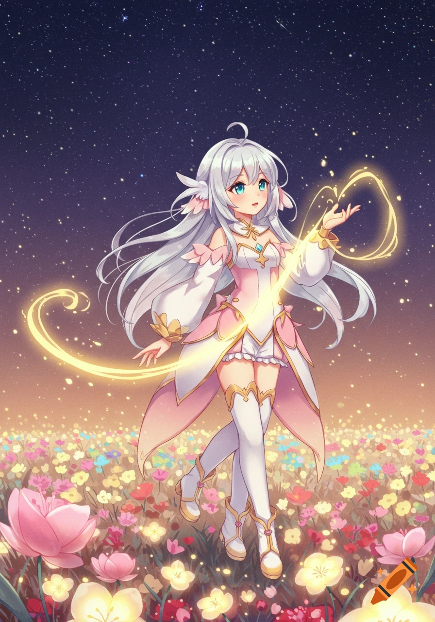 An anime girl with white hair and a pink dress uses light magic in a field of glowing flowers under a starry night.