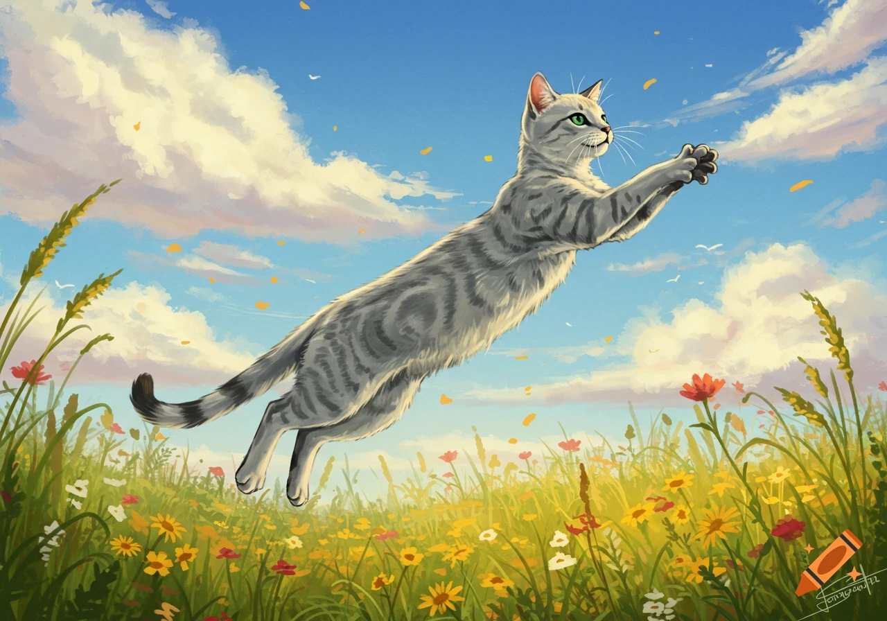 An illustrated grey tabby cat leaps across a vibrant, sunny meadow filled with colorful wildflowers under a blue sky.
