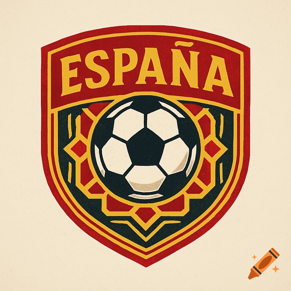 A retro-style red, yellow, and black soccer shield logo with 'ESPAÑA' text and a football.