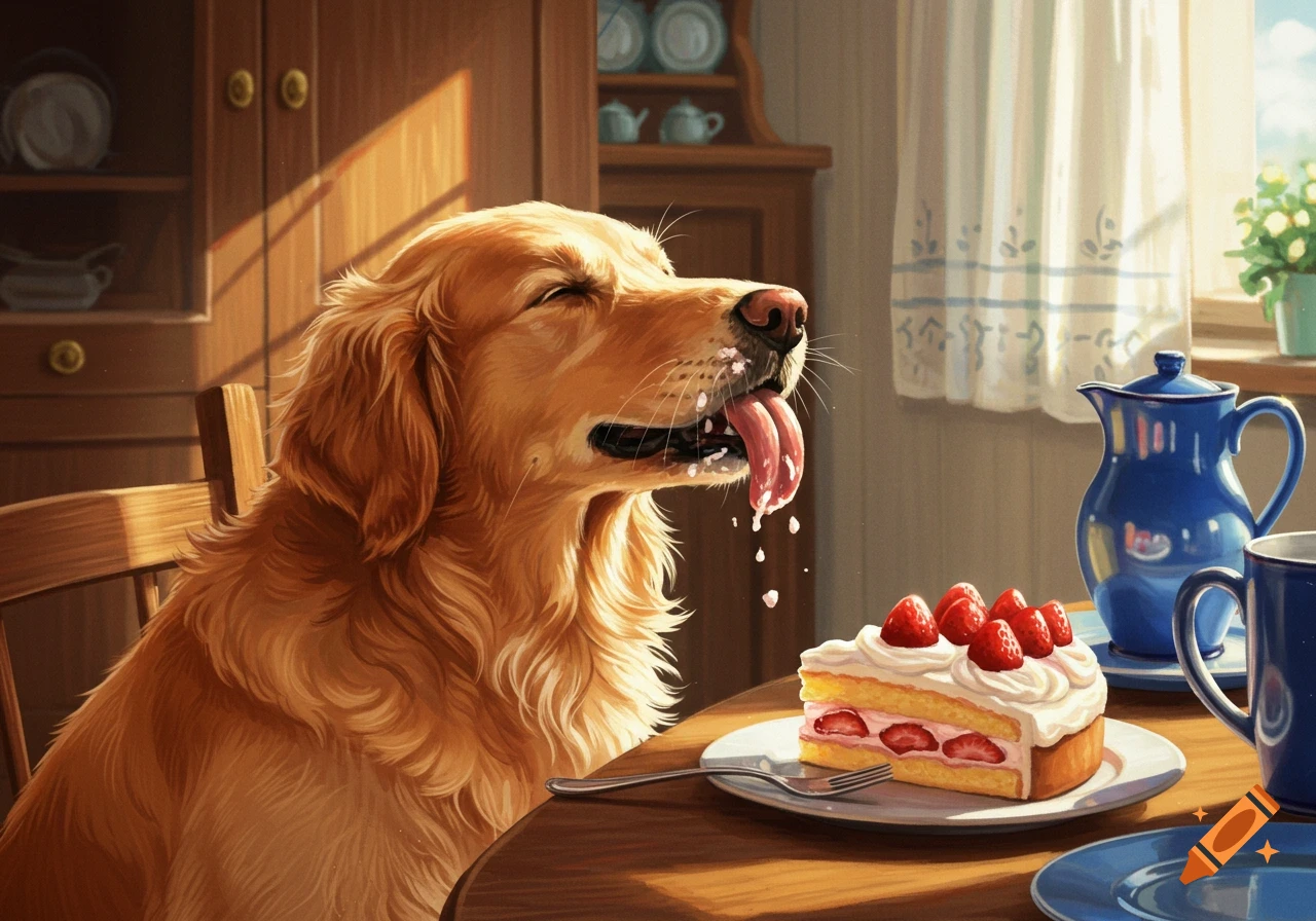 A golden retriever, tongue out and drooling, intently stares at a slice of strawberry cake on a table in a sunlit kitchen.