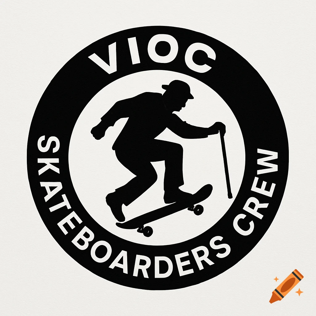 A black and white logo featuring a silhouetted man holding a cane on a skateboard, encircled by the text 'VIOC SKATEBOARDERS CREW'.