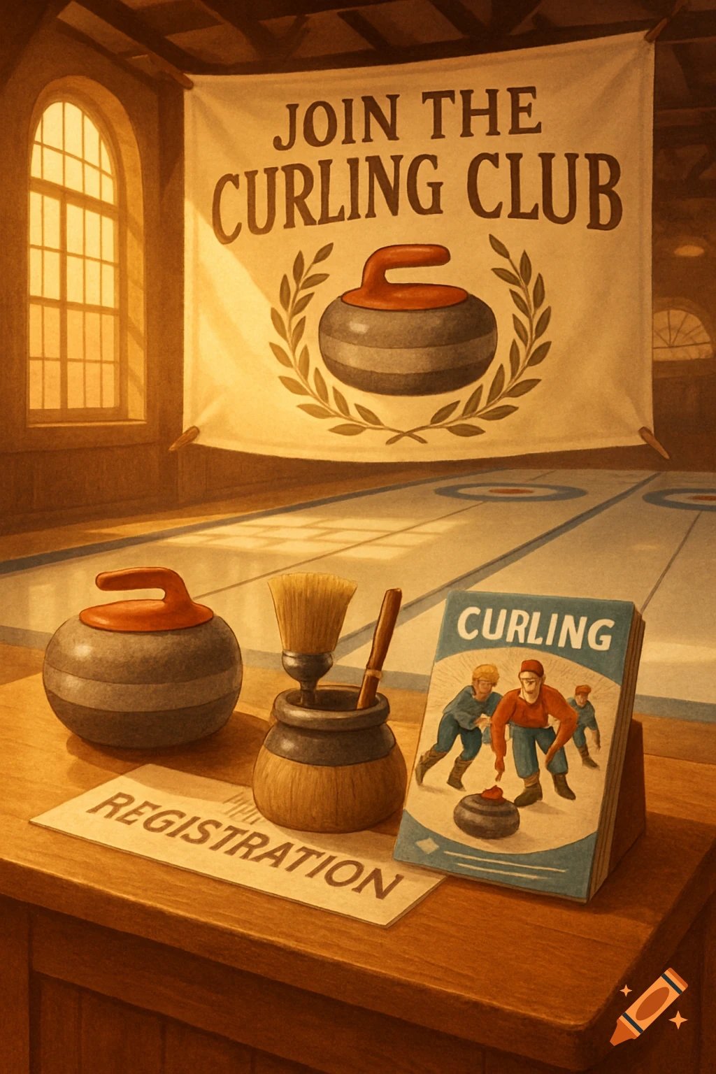 Illustrated scene of a curling club with a 'JOIN THE CURLING CLUB' banner, curling stone, broom, and 'REGISTRATION' form.