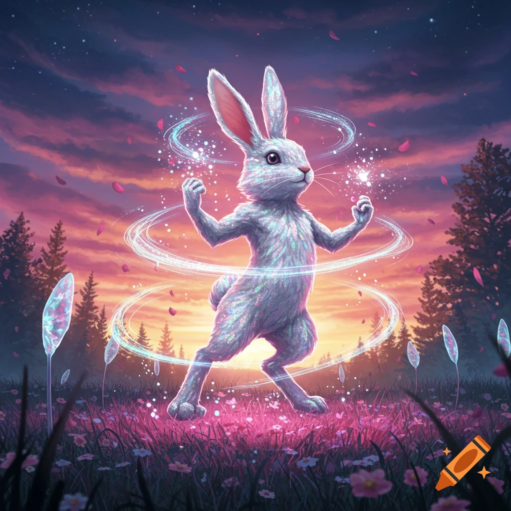 A sparkling white rabbit stands in a field of pink flowers under a vibrant sunset, surrounded by swirling magical light.