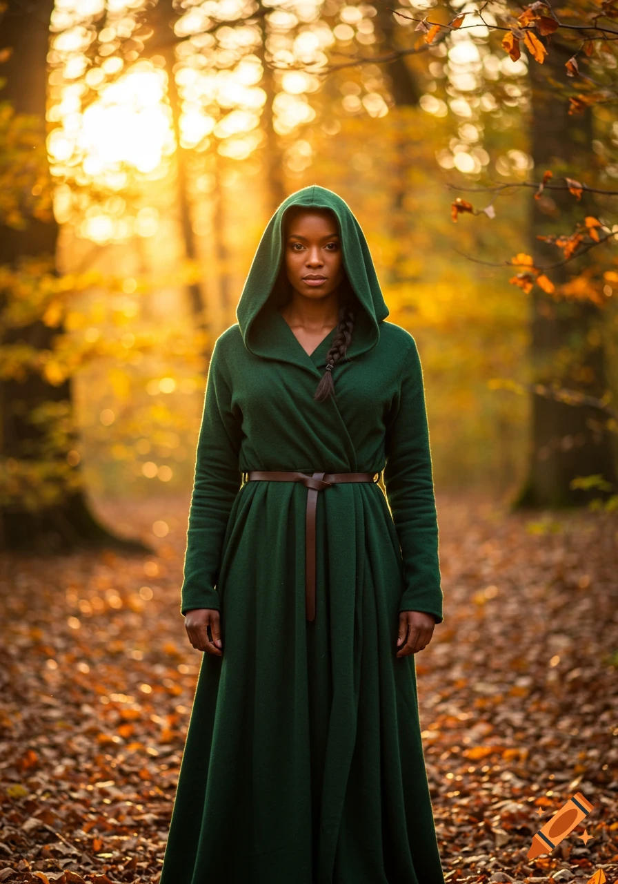 Photorealistic portrait of a woman in a deep green hooded robe and brown belt standing in a warm, golden autumn forest.