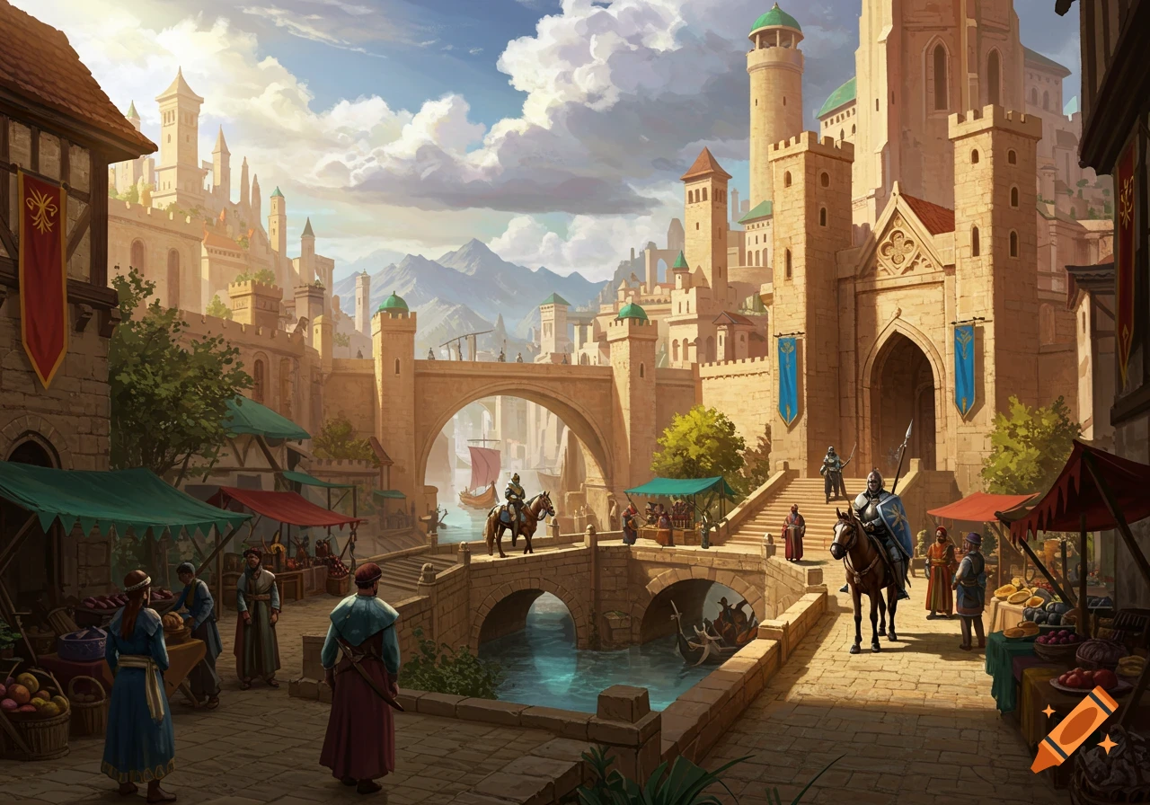 Vibrant fantasy painting of a bustling medieval city with markets, stone buildings, bridges, knights, and a river.