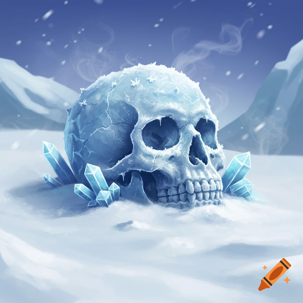A digital illustration of a frozen skull half-buried in snow and ice crystals, with falling snow and misty mountains.