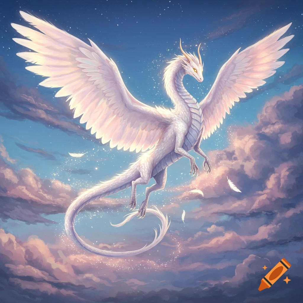 A majestic white feathered dragon with golden eyes flies through a cloudy, starry sky at dusk, bathed in soft light.