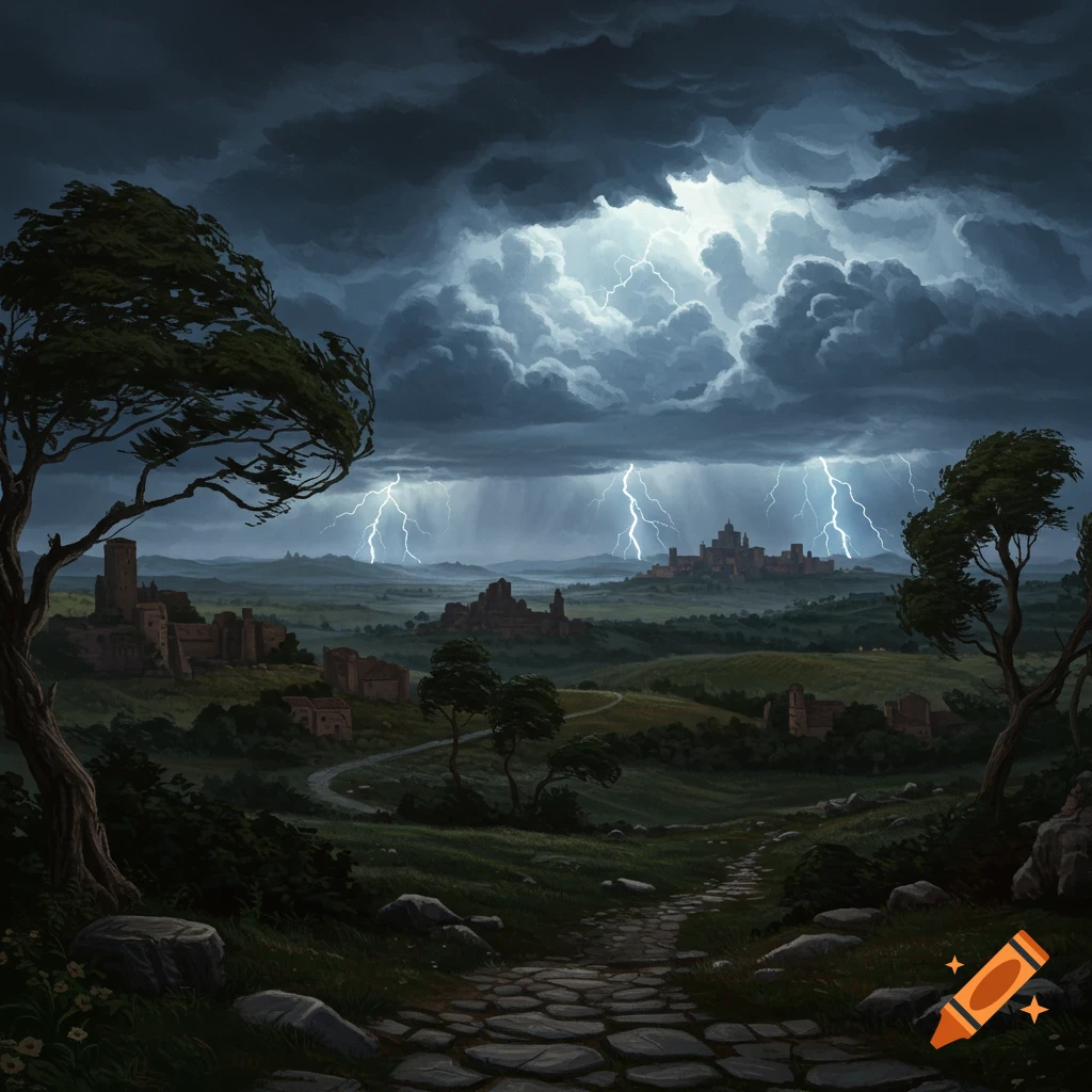 A stormy Renaissance-style landscape with lightning over ancient towns, rolling hills, and a winding stone path.