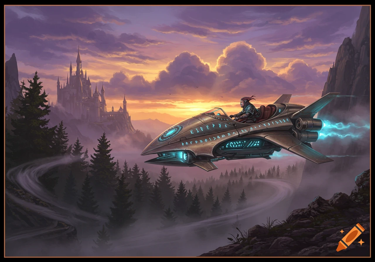 A person in a futuristic speeder flies over a misty fantasy landscape with a large castle at sunset. The speeder has glowing runes.