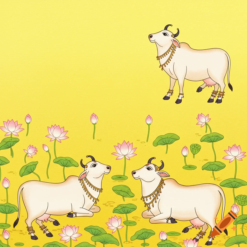 Pichwai art of three white cows adorned with jewelry among pink lotus flowers on a bright yellow background.