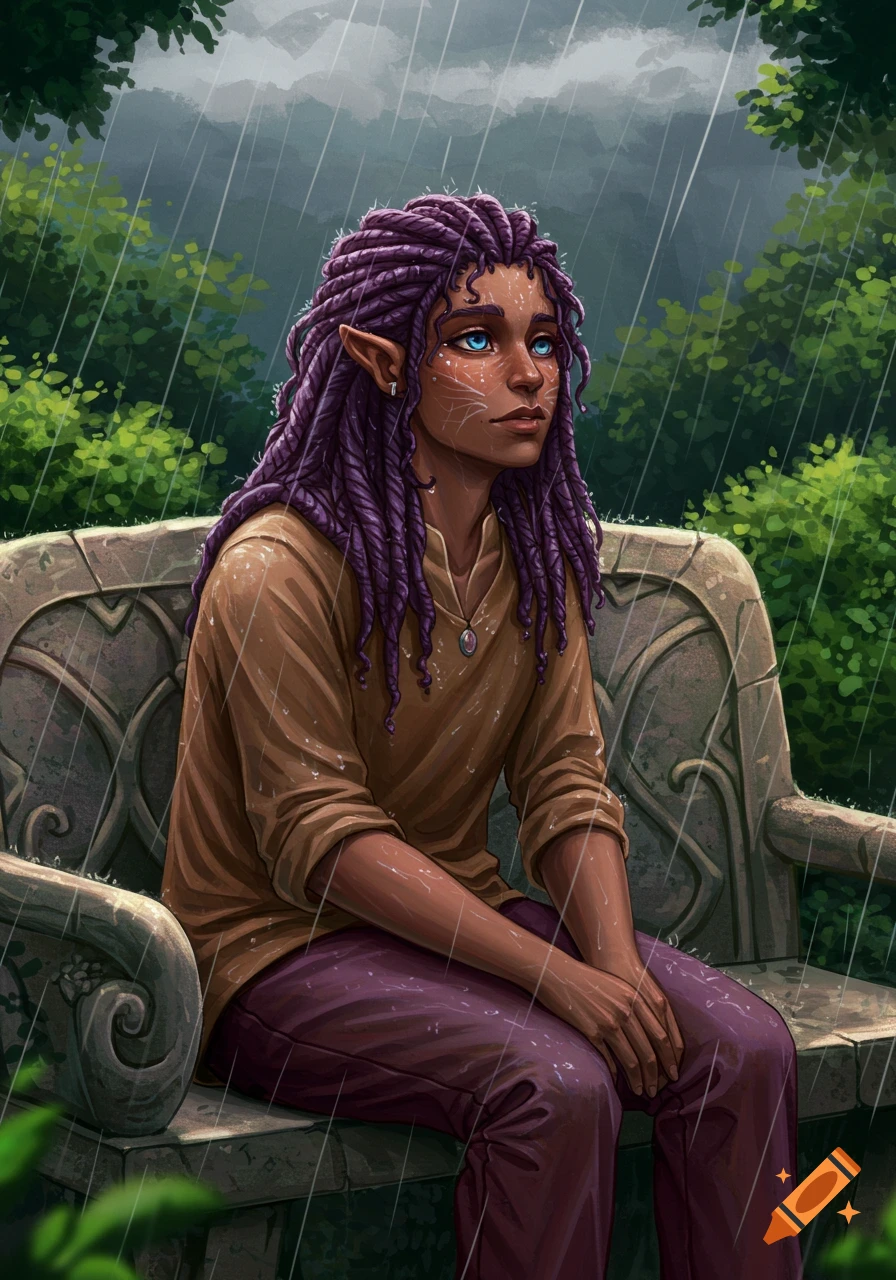 A dark-skinned fantasy character with purple dreadlocks and blue eyes sits on a stone bench in the rain.
