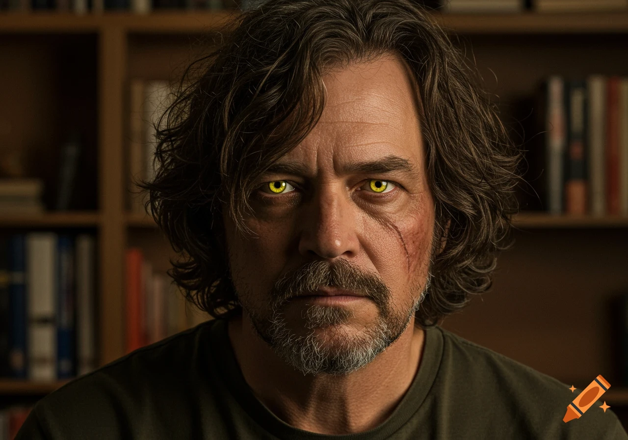 Close-up portrait of a rugged man with shaggy brown hair, beard, yellow glowing eyes, and a facial scar against a blurred bookshelf background.