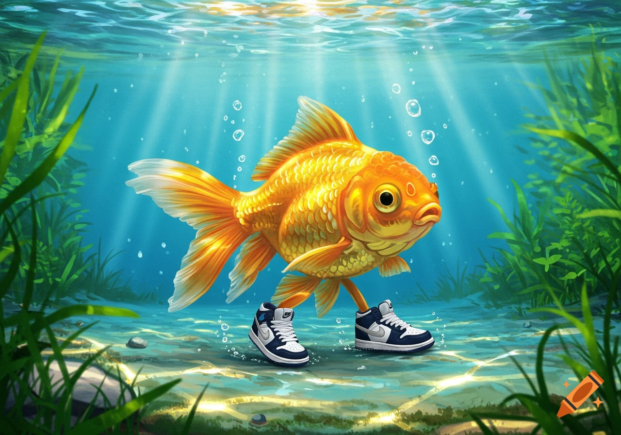 A cartoon goldfish wearing white and blue Nike sneakers walks on the ocean floor, sunbeams shining through the water.