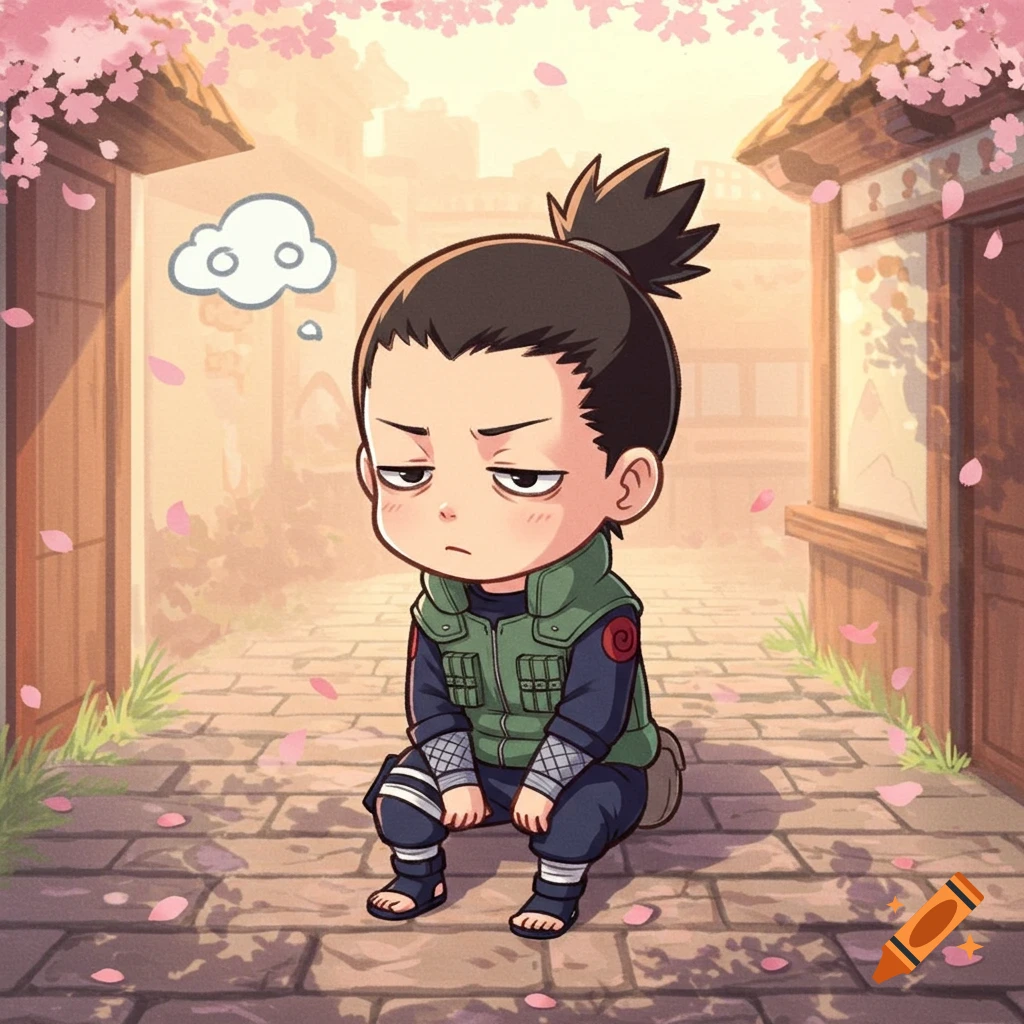 A chibi Shikamaru Nara squats on a stone path, looking bored under falling cherry blossoms in an anime style.