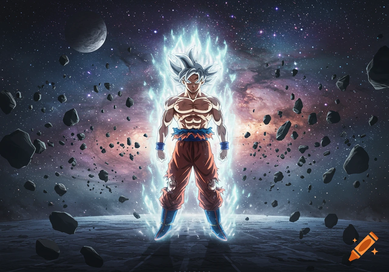 Goku in Ultra Instinct form stands emanating a blue aura in a vibrant space scene with a galaxy, moon, and asteroids.