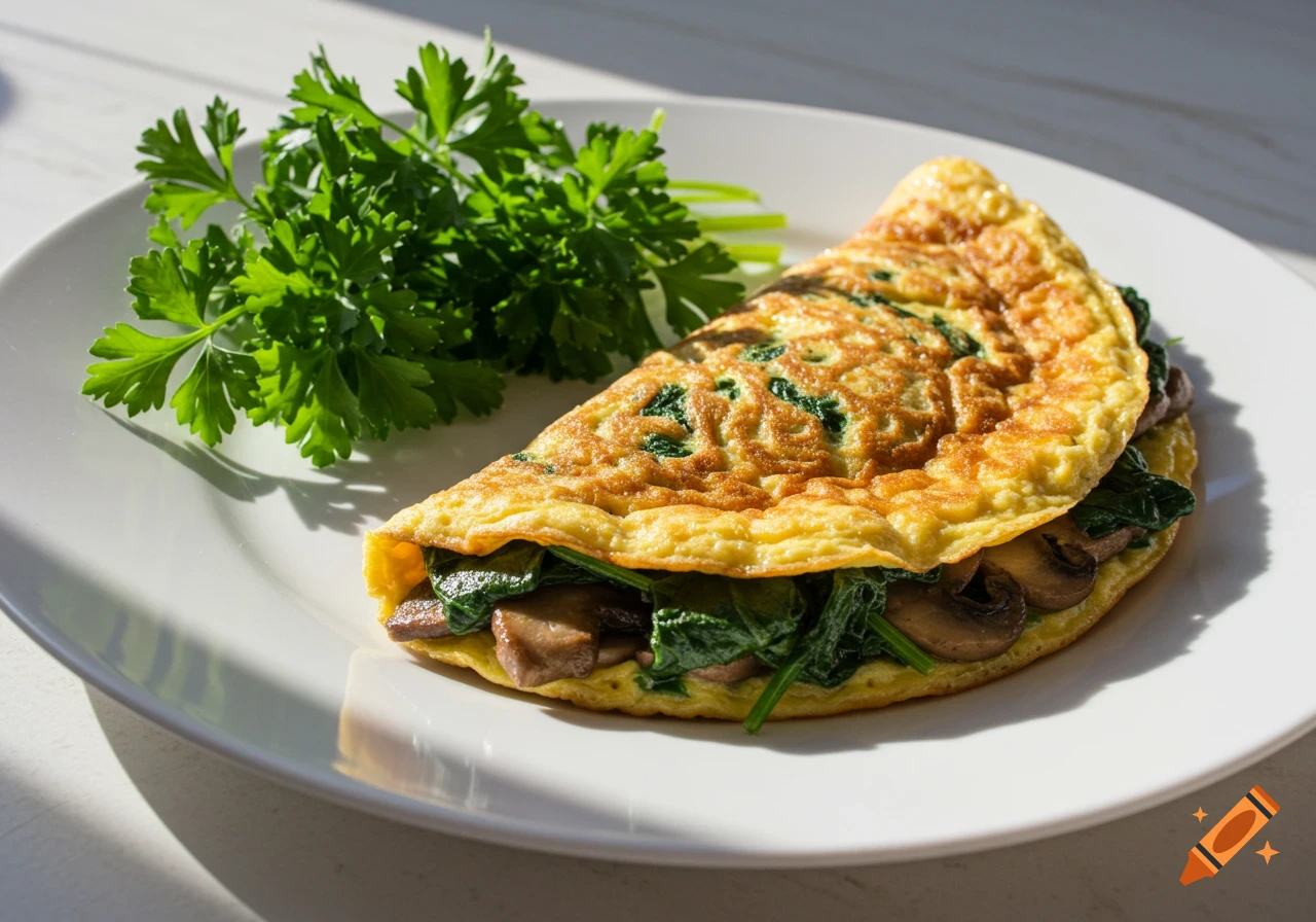 A photorealistic spinach and mushroom omelet on a white plate, with a sprig of fresh parsley beside it.