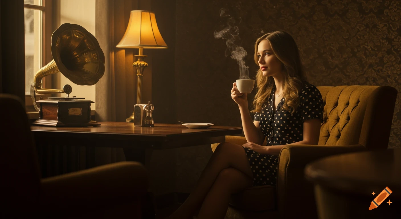 A young woman sits in a cozy, retro-style room with warm lighting, holding a steaming cup of coffee next to a gramophone. Cinematic, photorealistic.