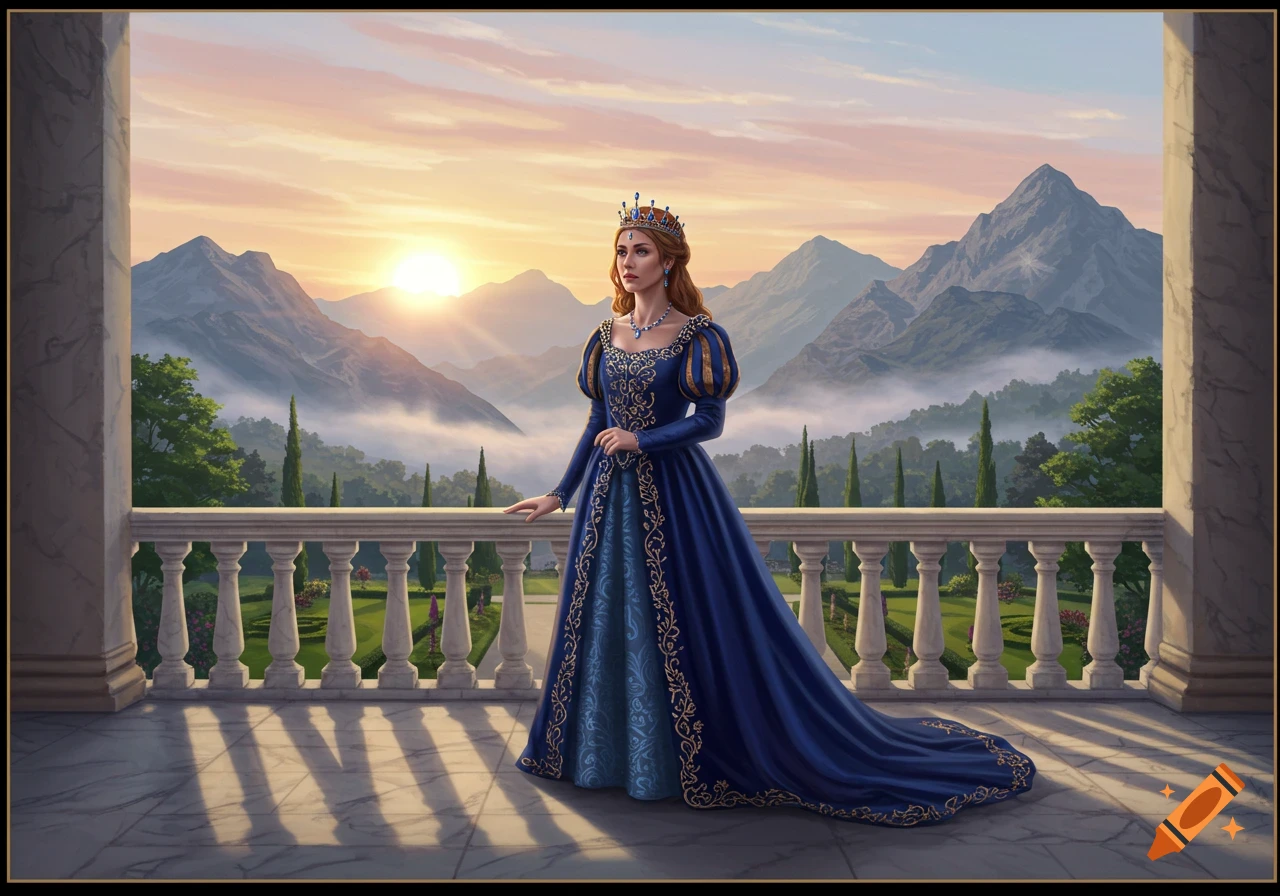 A queen in an ornate blue and gold gown stands on a balcony, overlooking misty mountains at sunrise, digital painting.